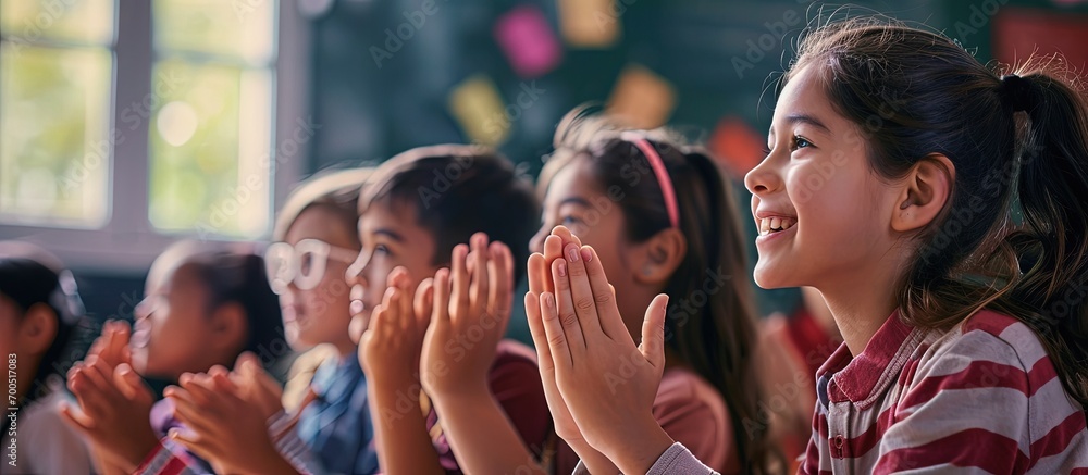 Poster happy teacher and children playing games and having fun in class cheerful school students standing i