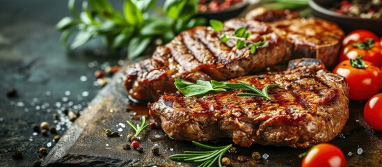 Grilled ribeye beef steak with herbs and spices. Creative Banner. Copyspace image