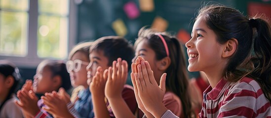 Happy teacher and children playing games and having fun in class Cheerful school students standing in front of classroom board and applauding classmate for good creative interesting presentatio