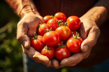Tomates cherry gigantes en las manos de un agricultor.