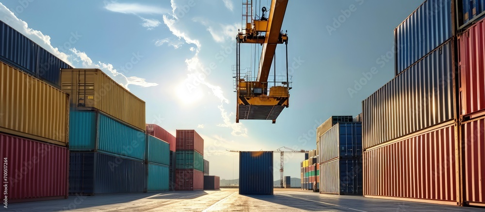 Poster crane lowering container to stack of containers. creative banner. copyspace image
