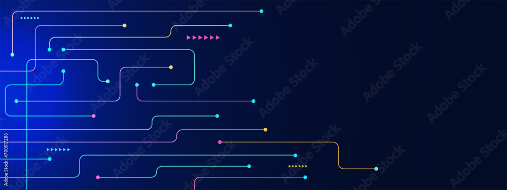 Poster abstract multi colored lines and points on a dark blue for digital technology, network connection an