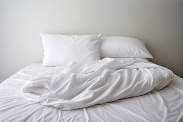 Fototapeta na wymiar Cama desecha con sábanas blancas y edredón nórdico blanco por la mañana.