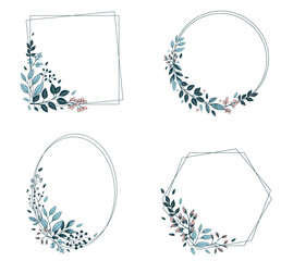 Set of monochrome botanical frames with leaves and berries. Vector floral border wreath for invitations, posters and wedding. - obrazy, fototapety, plakaty
