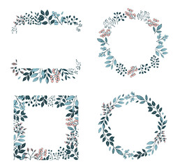 Set of botanical frames with leaves and berries for invitations, posters and wedding. Vector floral border wreath