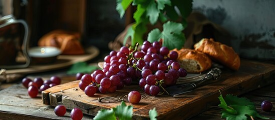 Naklejka na ściany i meble Grapes wine and Unleavened Bread for holy communion. Creative Banner. Copyspace image