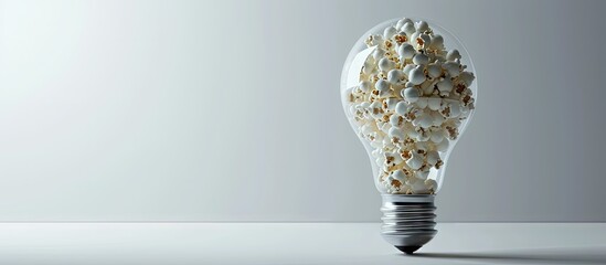 Lightbulb full of raw popcorn seeds isolated on white Innovation strategy concept. Creative Banner. Copyspace image - obrazy, fototapety, plakaty