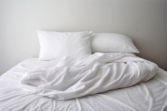 Cama desecha con sábanas blancas y edredón nórdico blanco por la mañana.