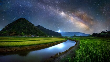 mountain and rive field with river in the middle at night time, beautiful view of rice field at night time with miky way view above the mountain - obrazy, fototapety, plakaty