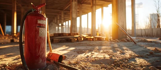 Tuinposter A small red fire extinguisher at a construction site Fire extinguishing agent for timber frame construction Wooden structure of the new roof of the building under construction. Creative Banner © HN Works