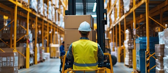 Custom warehouse Man customs officer and boxes Guy in yellow vest with her back to camera Tiered racks and forklift blurred Customs warehouse with cardboard boxes Career storage worker - obrazy, fototapety, plakaty
