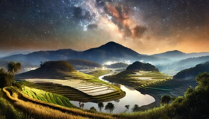 mountain and rive field with river in the middle at night time, beautiful view of rice field at night time with miky way view above the mountain - obrazy, fototapety, plakaty