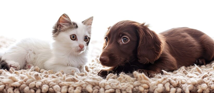 cat and dog dachshund puppy chocolate color and White kitten. Creative Banner. Copyspace image