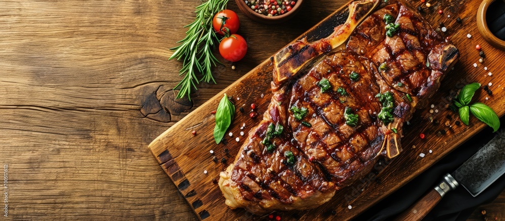 Poster grilled beef steak with spices on cutting board top view flat lay. creative banner. copyspace image