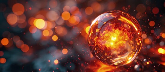 Magical sound wave volume Abstract precious glowing energy ball with orange light Molecule structure reaction Nano technology physic concept Innovation development Isolated clipping path - obrazy, fototapety, plakaty