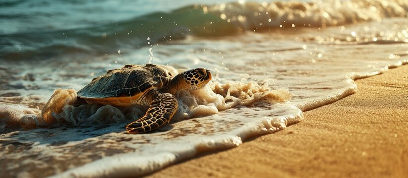 A sea turtle rests ont he sands as waves wash over him. Creative Banner. Copyspace image