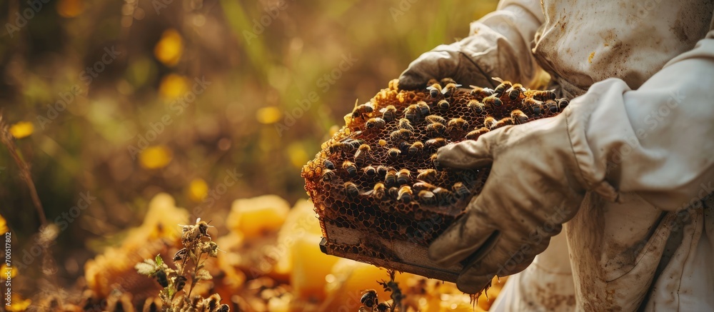 Aufkleber Beekeeper removing honeycomb from beehive Person taking honey from hive Farmer working with honeycomb in apiary Beekeeping in countryside Organic farming honeycomb in the hands of a close up