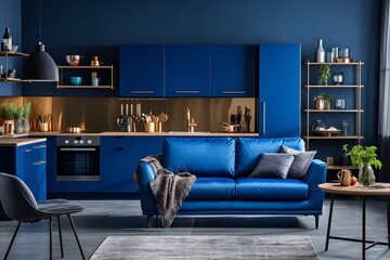 Navy Blue Sofa in Scandinavian Studio Apartment. Modern Living Room and Kitchen Design