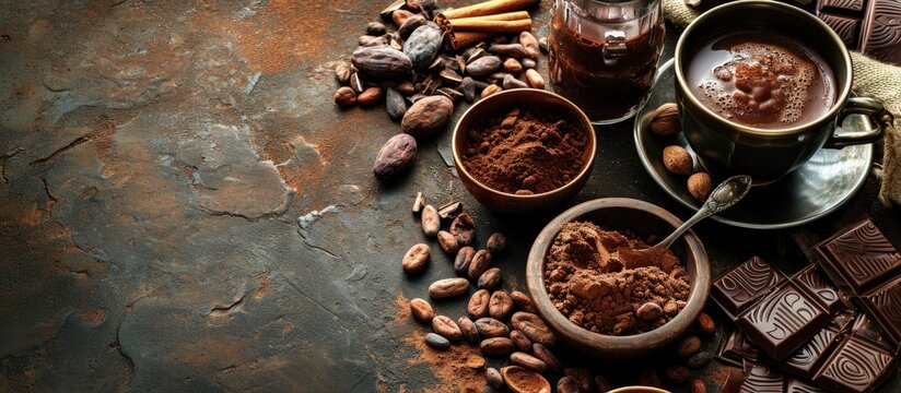 Cocoa in different presentations hot drink beans powder and chocolate bar. Creative Banner. Copyspace image