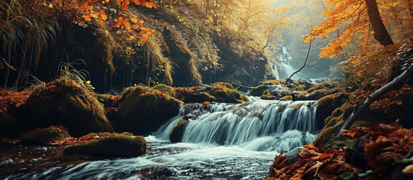Brook waterfall in the autumn forest Autumn forest waterfall Forest waterfall in autumn Waterfall in autumn forest. Creative Banner. Copyspace image