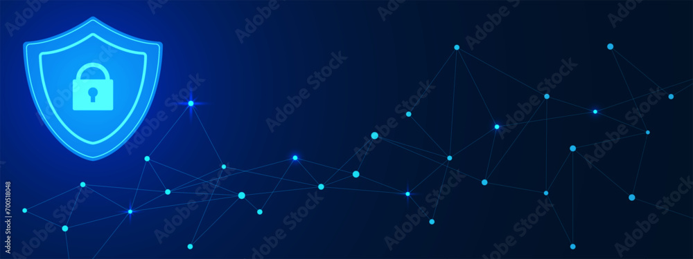 Poster shield with padlock and connecting dots and lines. secure technology, protect data, internet safety,