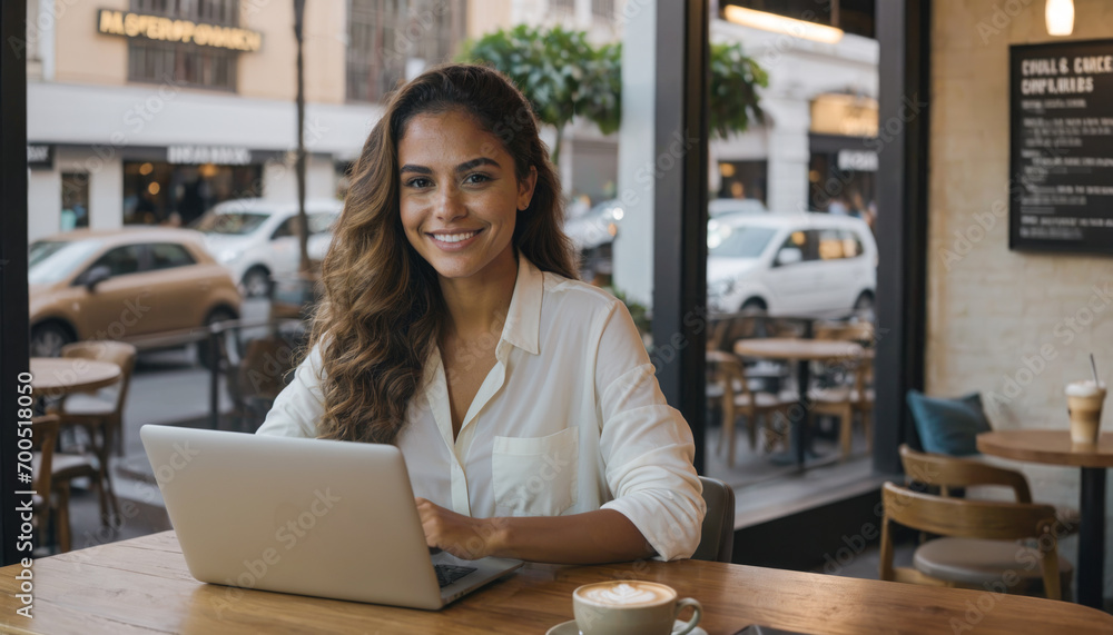 Wall mural Smiling Professional Brazilian Woman Working on Laptop with Coffee at Cafe.