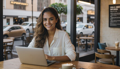 Smiling Professional Brazilian Woman Working on Laptop with Coffee at Cafe.