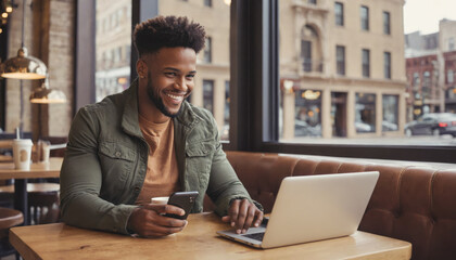 Smiling Professional African American Man Working on Laptop with Smartphone in Hand at Cafe. 