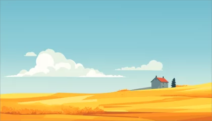 Gordijnen vector illustration landscape wheat field and cottage © ehsan