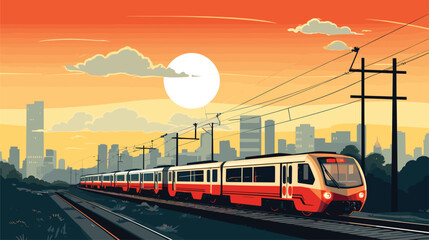 Naklejka premium urban mobility revolution in a vector scene featuring electric trains seamlessly navigating through city landscapes. Illustrate the integration of electric trains into urban transit systems