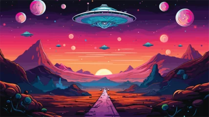 Rolgordijnen outer space with a vector scene featuring AI-driven robots on extraterrestrial missions. Illustrate rovers and drones exploring alien landscapes, showcasing the technological © J.V.G. Ransika