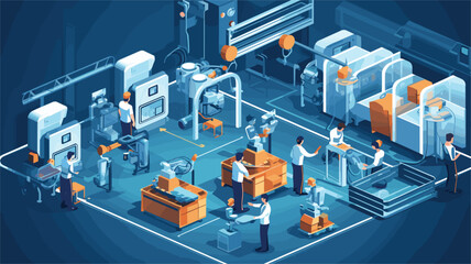  robotics in a vector scene illustrating a futuristic factory powered by automated machines. Depict robots working in tandem with human operators, showcasing the efficiency 