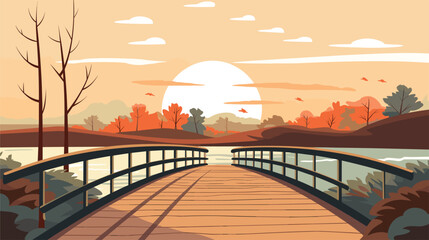 simplicity and rustic charm of a pedestrian bridge in a vector scene featuring a bridge designed for foot traffic. Illustrate the intimate connection between pedestrians and nature