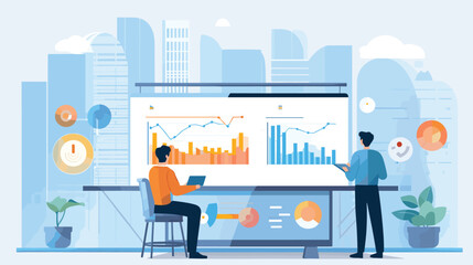 ransformative potential of data analytics with a vector scene featuring individuals examining trends, patterns, and insights. Illustrate the impact of data analytics in uncovering valuable - obrazy, fototapety, plakaty