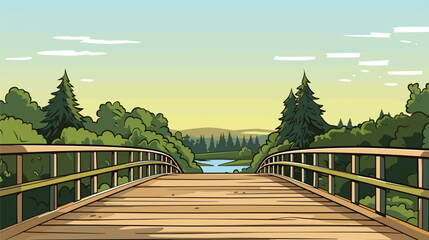 simplicity and rustic charm of a pedestrian bridge in a vector scene featuring a bridge designed for foot traffic. Illustrate the intimate connection between pedestrians and nature