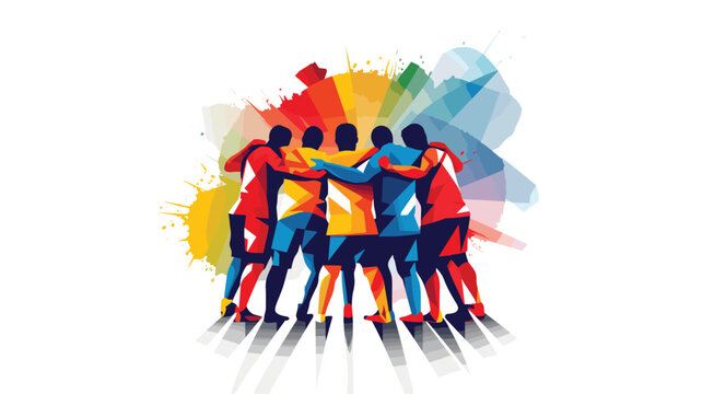 Camaraderie Of A Football Team In A Vector Scene Featuring Players Celebrating A Goal Or Huddling Together On The Field. 