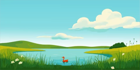 Gordijnen vector illustration landscape with river and grass © ehsan