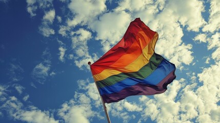 LGBT flag. Waving rainbow flag against blue sky. Freedom of love and diversity  