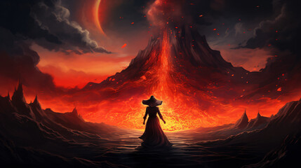 Witch casting a spell on a volcano