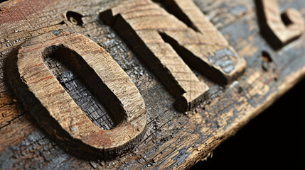 Wooden letterpress type "ON" a rustic wooden background. Close up.