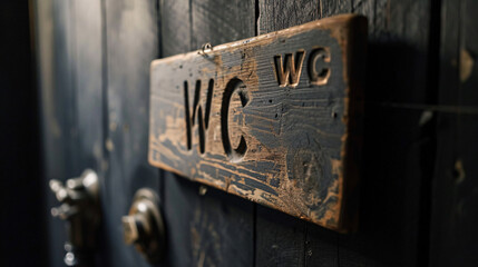 Old wooden door with the word WC - obrazy, fototapety, plakaty