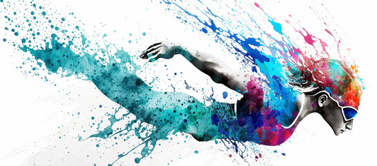 Watercolor abstract illustration of swimmer. Swimming action during colorful paint splash isolated on white background. AI generated.	 - obrazy, fototapety, plakaty