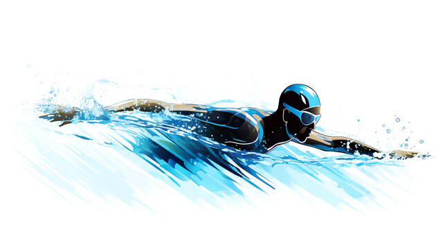 Watercolor abstract illustration of swimmer. Swimming action during colorful paint splash isolated on white background. AI generated.	