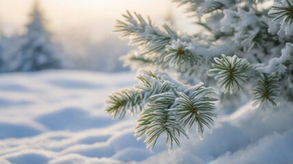 Beautiful evergreen fir tree branches covered with soft fluffy snow, close up at winter sunlight. Picturesque frozen landscape in coniferous forest. Idyllic untouched nature concept. Beautiful winter