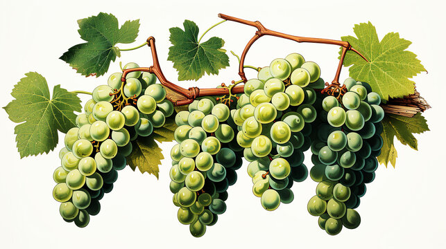 Green bunches of grapes hang gracefully on the vine branch against an isolated white background. AI generated.