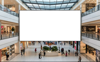 Blank billboard in a modern shopping center. Display for mock-up and advertising. Blackground with mannequins in fashion shop display window. generative ai