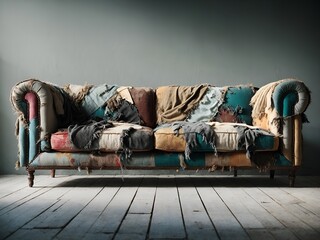 a sofa featuring frayed edges, exposed stuffing, and patches of different fabrics - obrazy, fototapety, plakaty