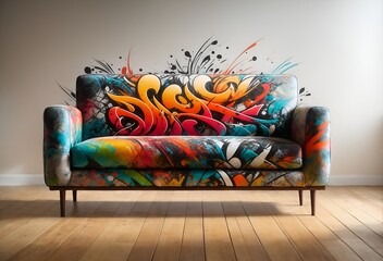 a unique and artistic sofa with graffiti design