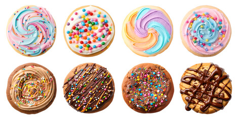 Collection of round cookie cookies biscuit, chocolate rainbow frosting icing set, on transparent background cutout. PNG file. Many assorted different flavour. Mockup template for artwork design