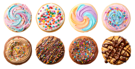 Collection of round cookie cookies biscuit, chocolate rainbow frosting icing set, on transparent background cutout. PNG file. Many assorted different flavour. Mockup template for artwork design